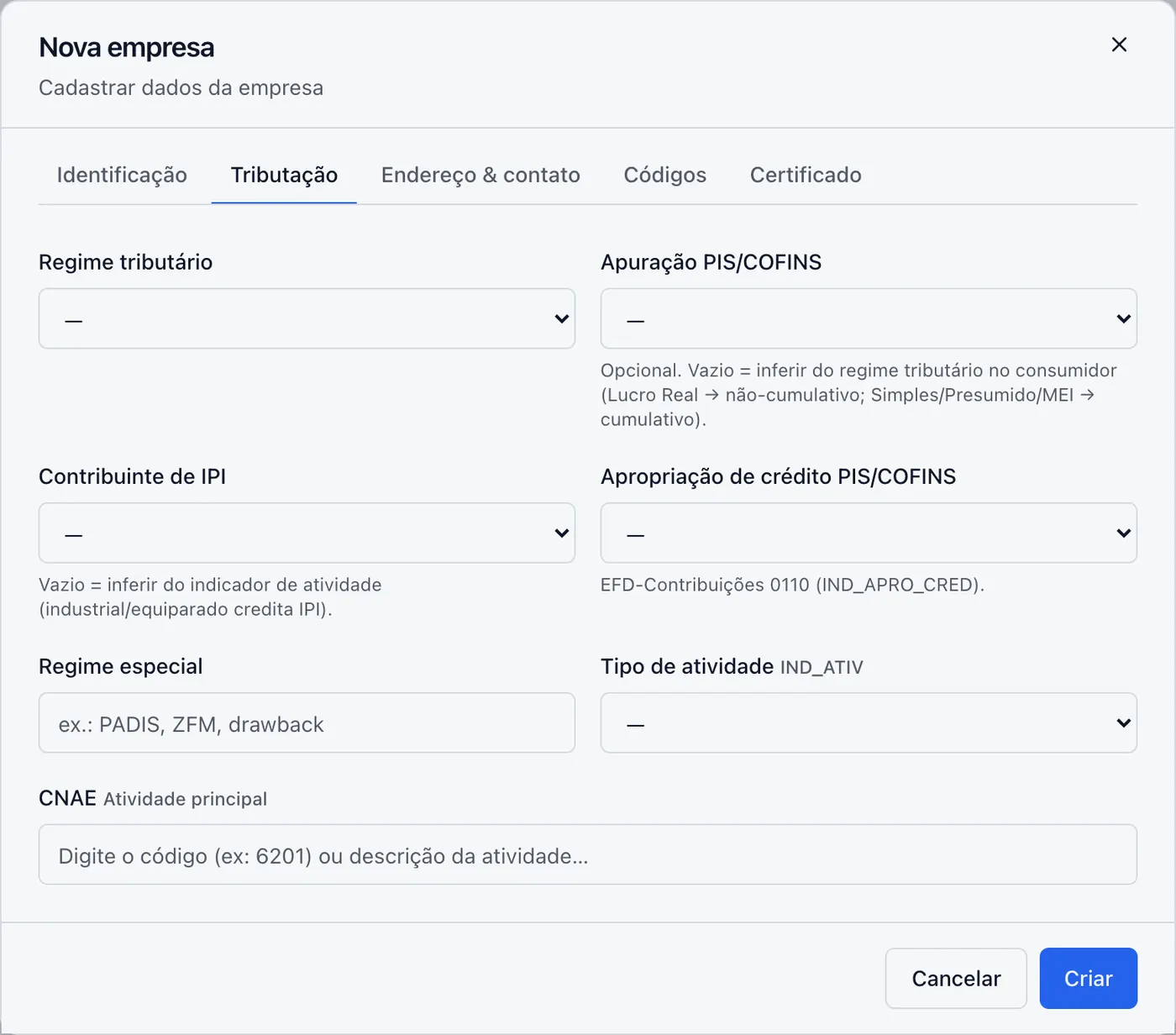 Formulário de empresa na aba Tributação