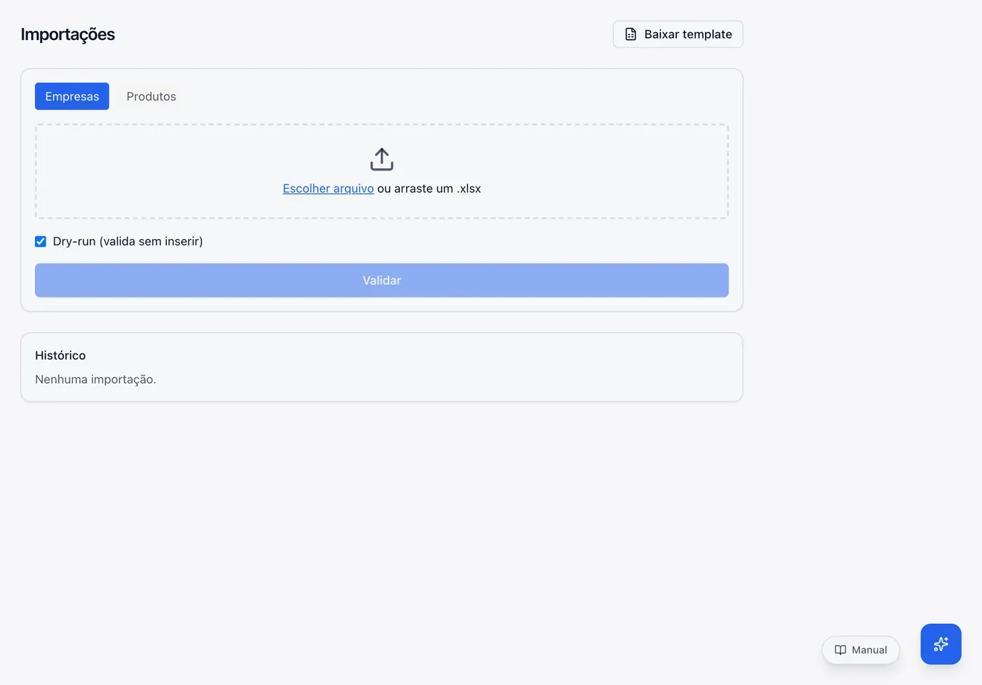 Tela de importação com o seletor de tipo e a área de upload