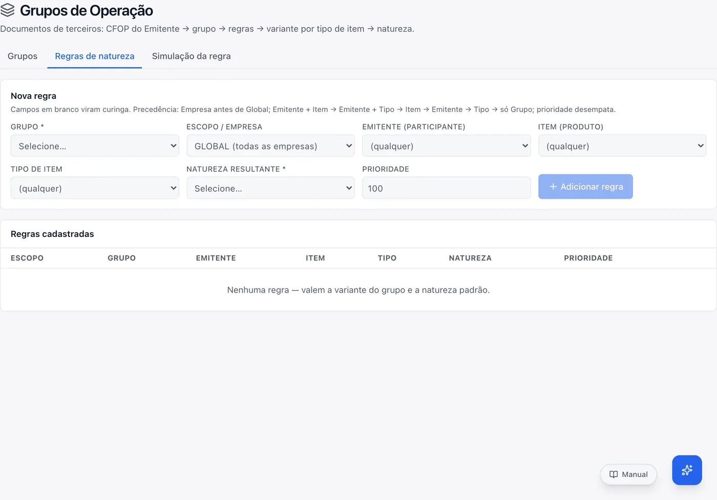 Cadastro de regras de natureza, com escopo e prioridade