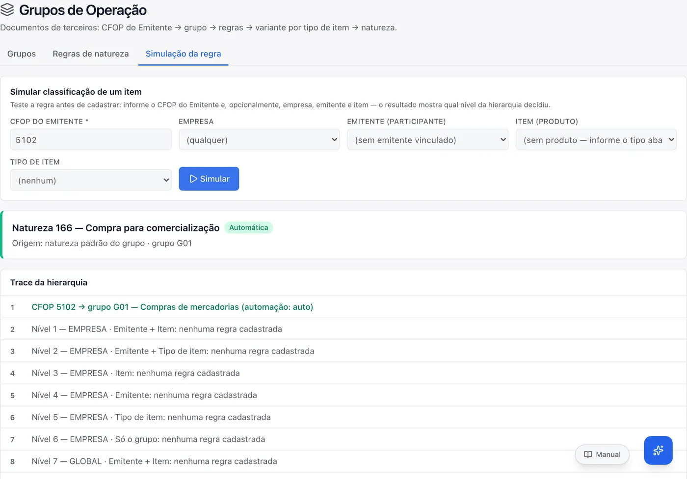 Simulador mostrando a natureza aplicada e o trace da hierarquia