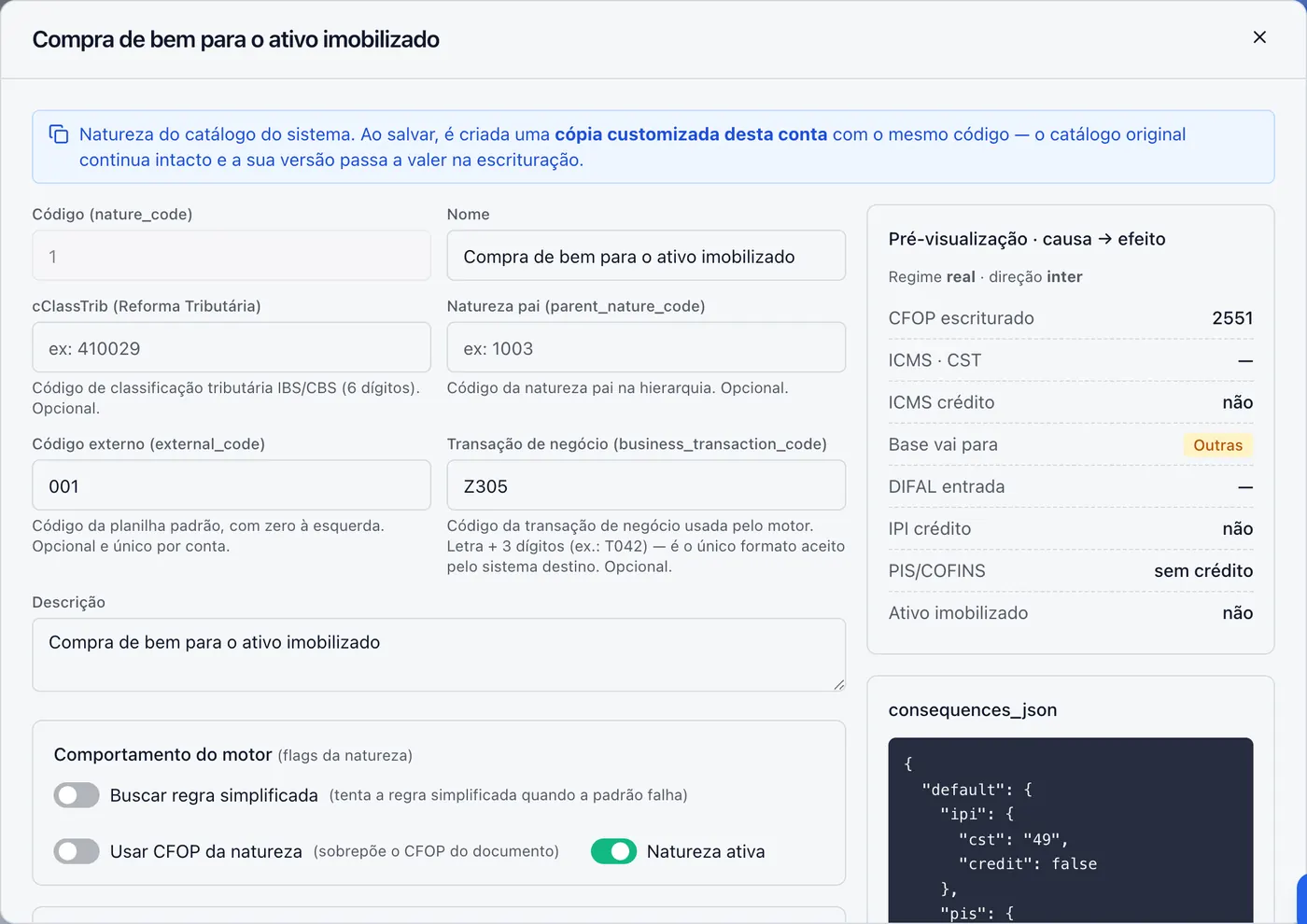 Editor de natureza de operação, com a pré-visualização causa e efeito