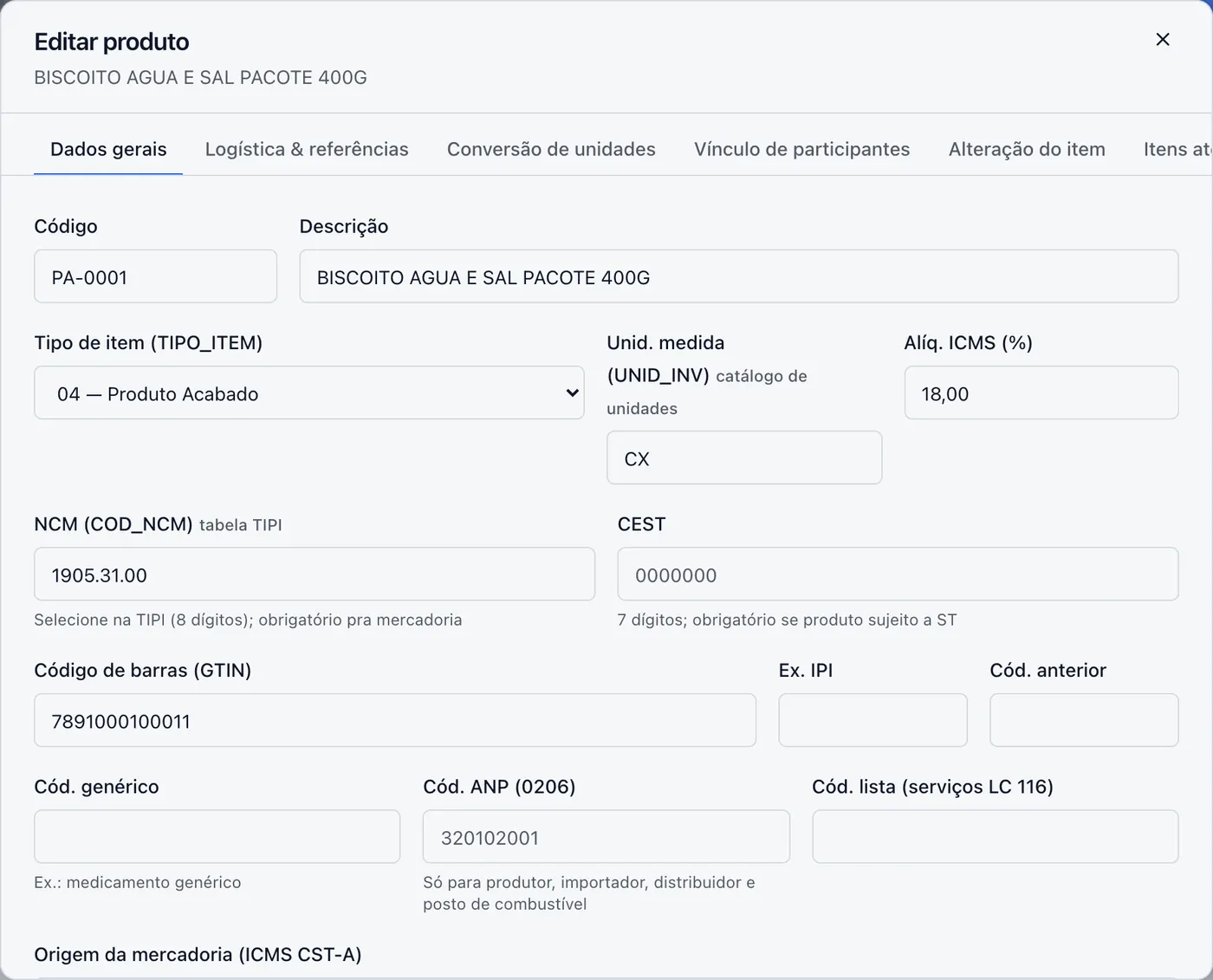 Formulário de produto na aba Dados gerais