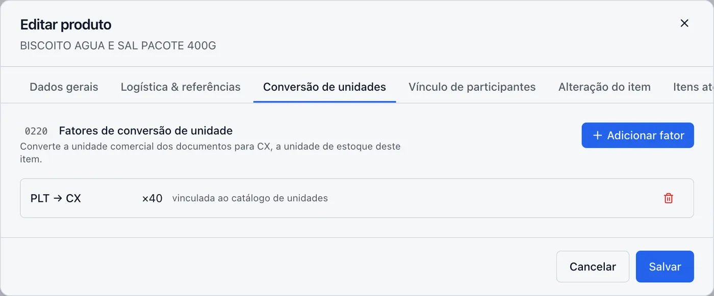 Fatores de conversão de unidade do item