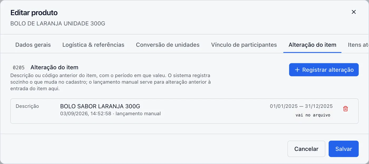 Histórico de alteração de descrição e código do item